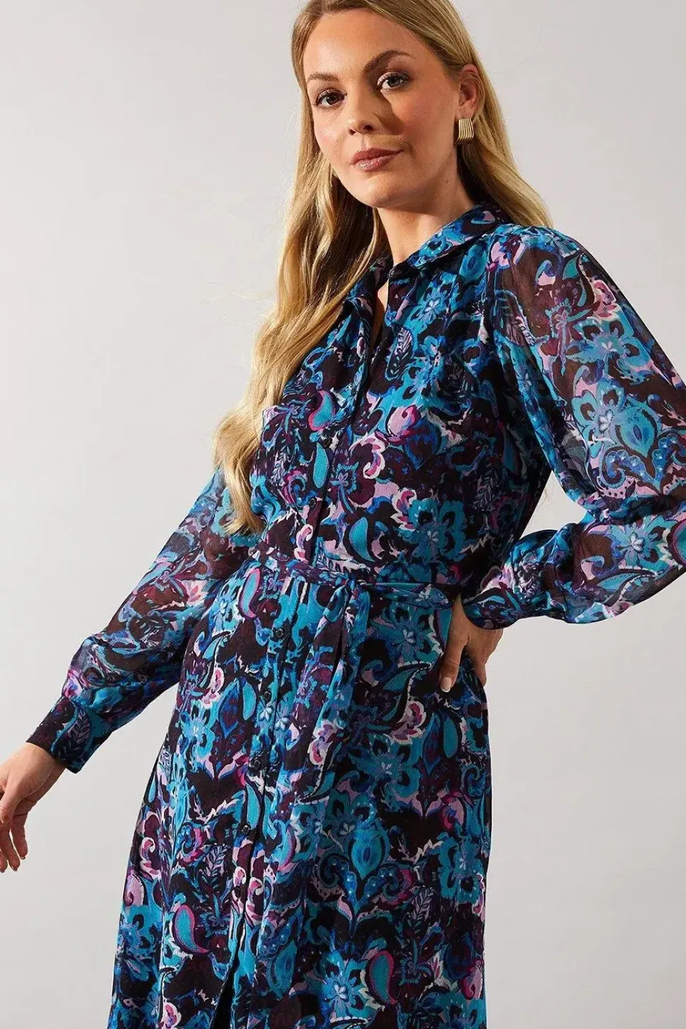 Abstract Border Print Belted Shirt Dress
