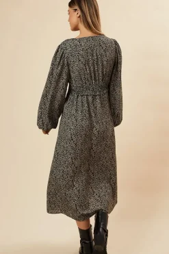 Abstract Camel Button Front Sleeve Midi Dress