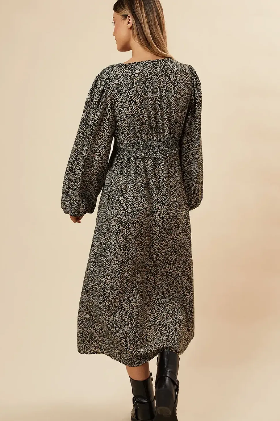 Abstract Camel Button Front Sleeve Midi Dress