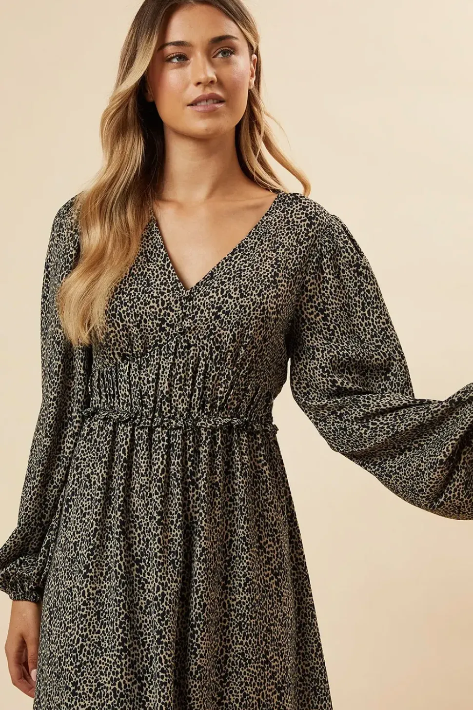 Abstract Camel Button Front Sleeve Midi Dress