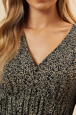 Abstract Camel Button Front Sleeve Midi Dress
