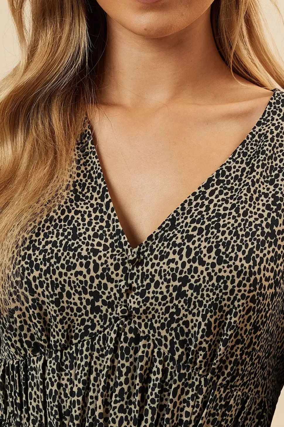 Abstract Camel Button Front Sleeve Midi Dress
