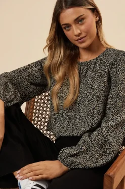 Abstract Camel Shoulder Detail Shirred Hem Blouse