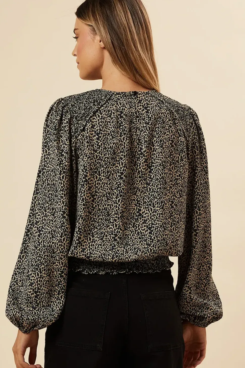 Abstract Camel Shoulder Detail Shirred Hem Blouse