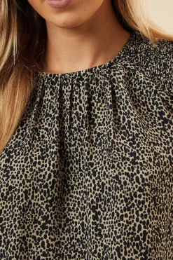 Abstract Camel Shoulder Detail Shirred Hem Blouse