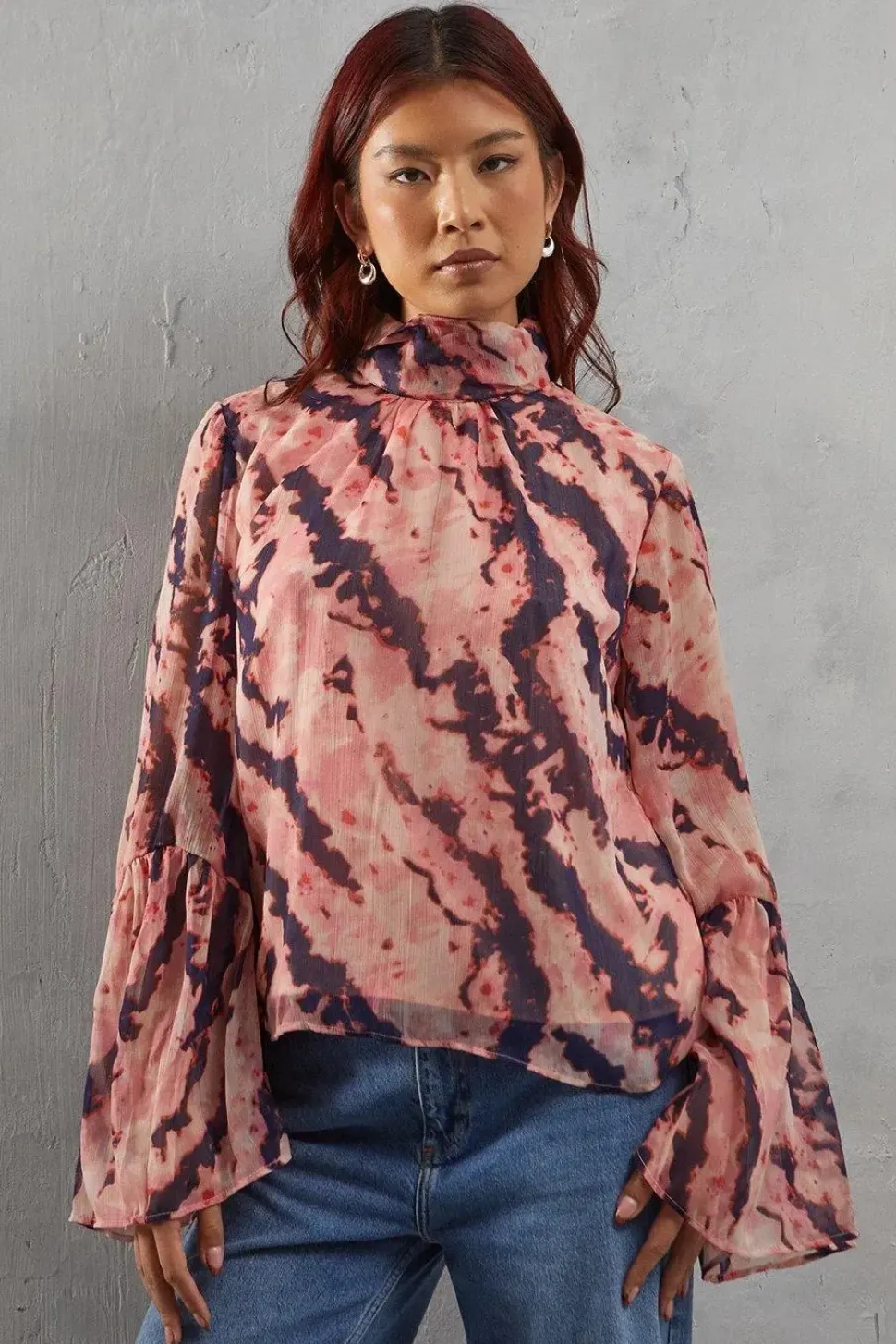 Abstract Chiffon High Neck Flutter Sleeve Blouse