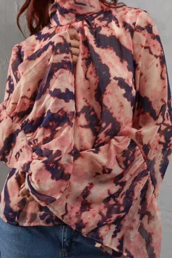 Abstract Chiffon High Neck Flutter Sleeve Blouse