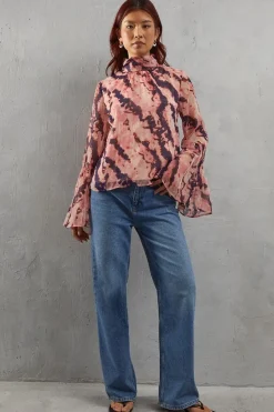 Abstract Chiffon High Neck Flutter Sleeve Blouse