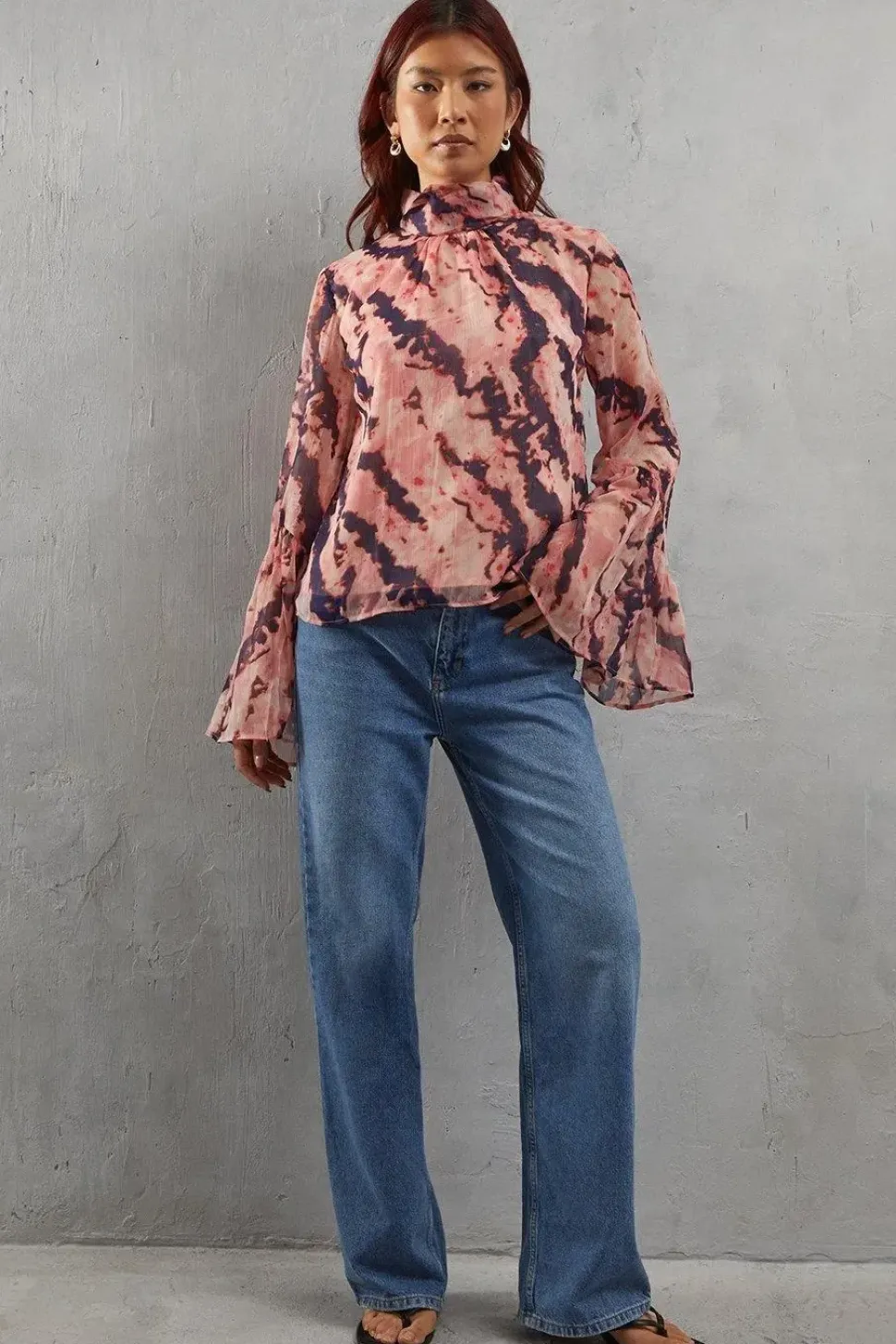 Abstract Chiffon High Neck Flutter Sleeve Blouse