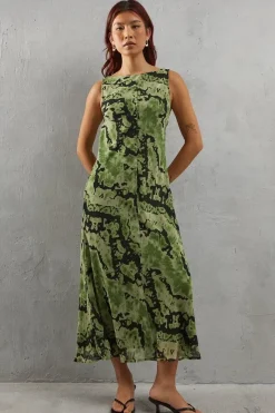 Abstract Chiffon Slash Neck Bias Sleeveless Midi Dress
