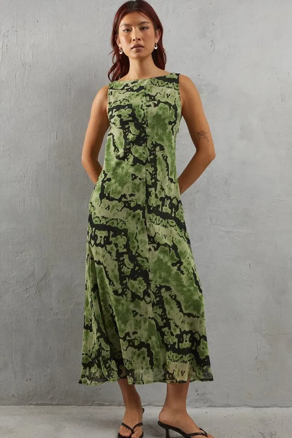 Abstract Chiffon Slash Neck Bias Sleeveless Midi Dress