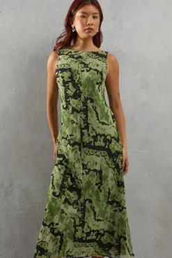 Abstract Chiffon Slash Neck Bias Sleeveless Midi Dress