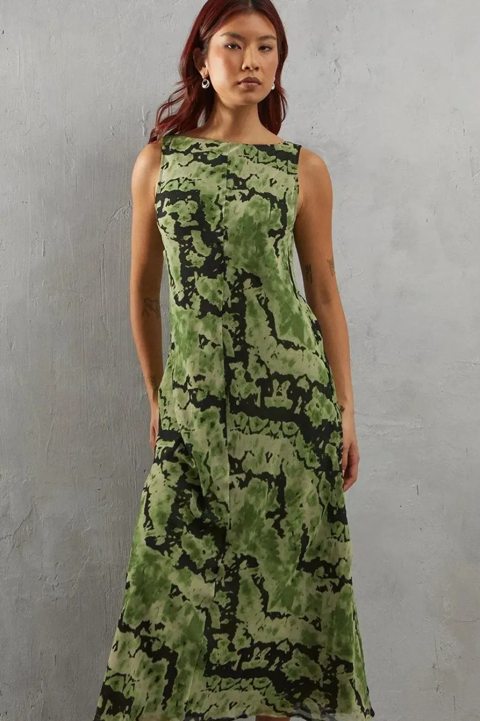 Abstract Chiffon Slash Neck Bias Sleeveless Midi Dress