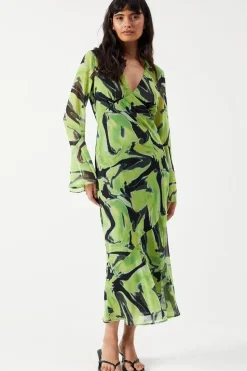 Abstract Chiffon V Neck Flute Sleeve Midi Dress
