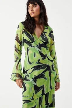 Abstract Chiffon V Neck Flute Sleeve Midi Dress