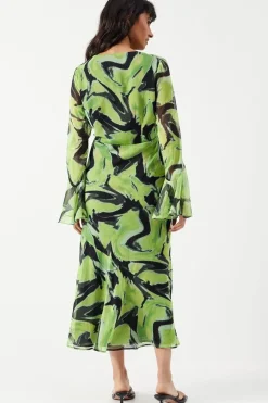 Abstract Chiffon V Neck Flute Sleeve Midi Dress