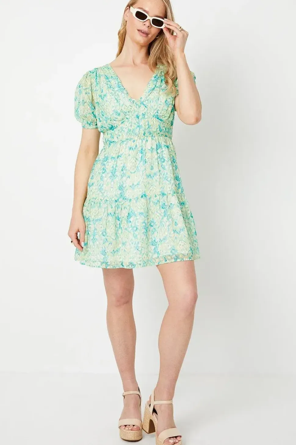 Abstract Dobby Chiffon Fully Gathered Puff Sleeve Mini Dress