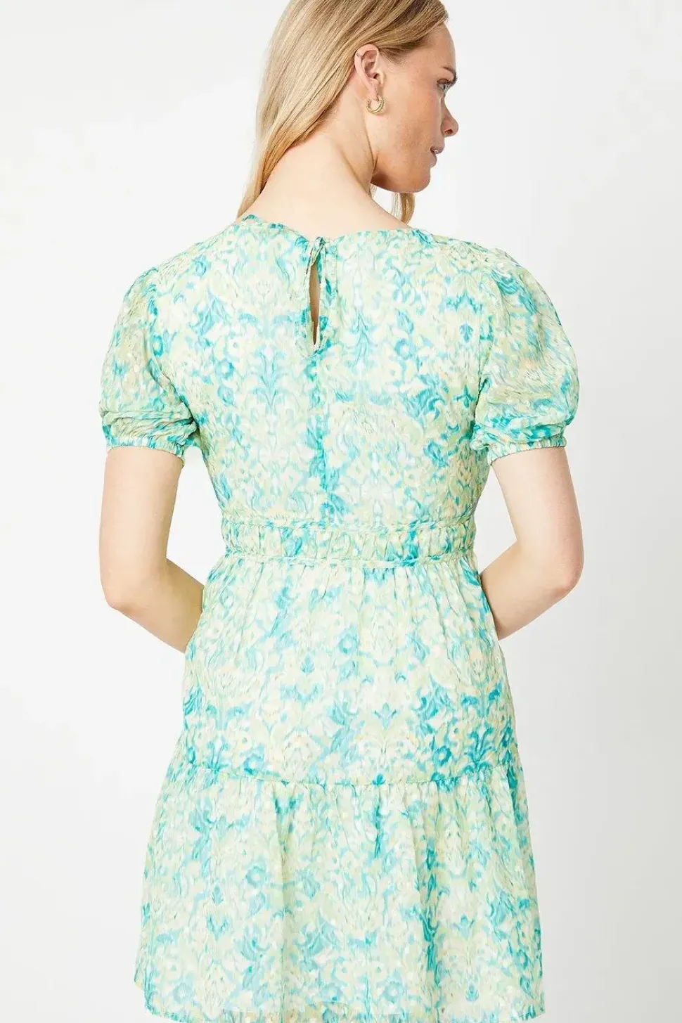 Abstract Dobby Chiffon Fully Gathered Puff Sleeve Mini Dress