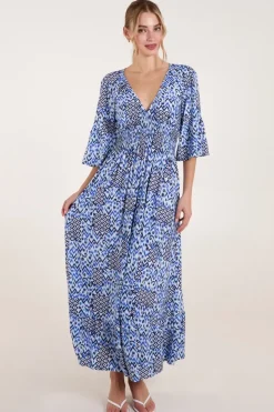 Abstract Elasticated Neck Shirred Waist Maxi Dress