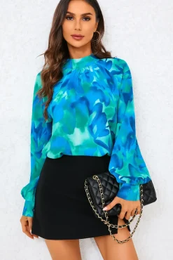 Abstract Floral Print Halter Neck Blouse Top In Blue