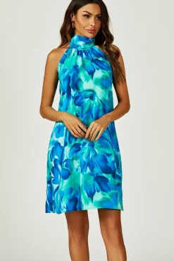 Abstract Floral Print Halter Neck Tie Back Mini Dress In Blue