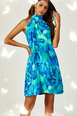 Abstract Floral Print Halter Neck Tie Back Mini Dress In Blue