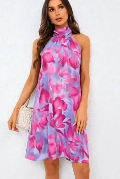 Abstract Floral Print Halter Neck Tie Back Mini Dress In Pink