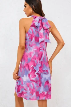Abstract Floral Print Halter Neck Tie Back Mini Dress In Pink