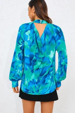 Abstract Floral Print Halter Neck Tie Back Top In Blue