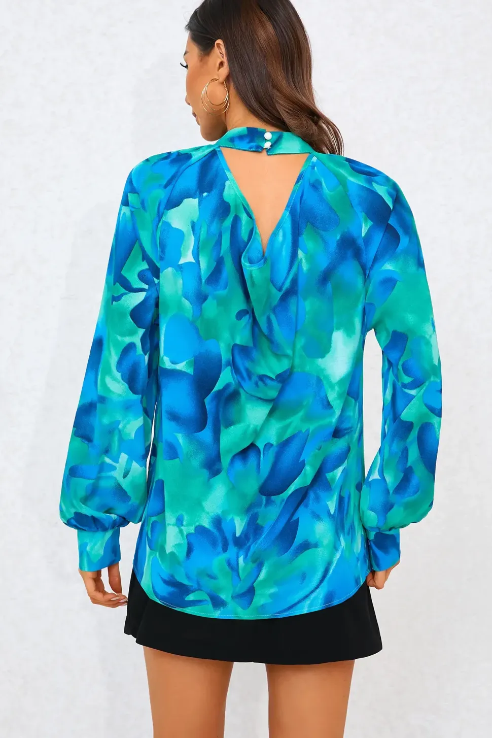 Abstract Floral Print Halter Neck Tie Back Top In Blue