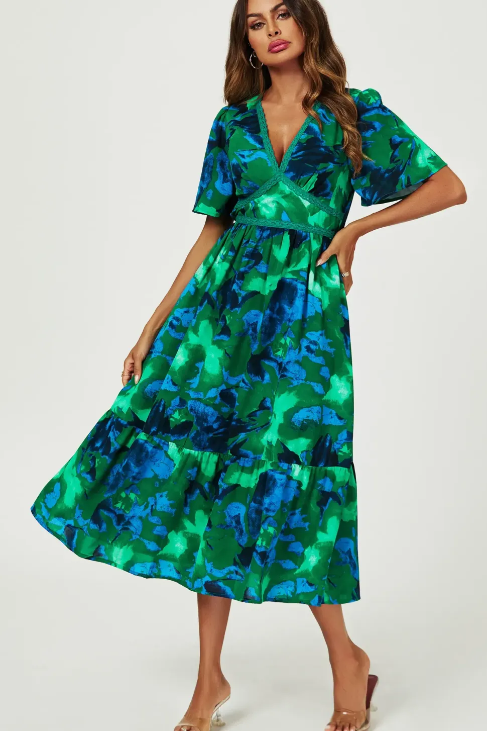 Abstract Floral Print Lace Detail Angel Sleeve Maxi Dress