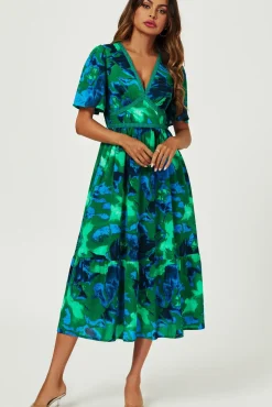 Abstract Floral Print Lace Detail Angel Sleeve Maxi Dress