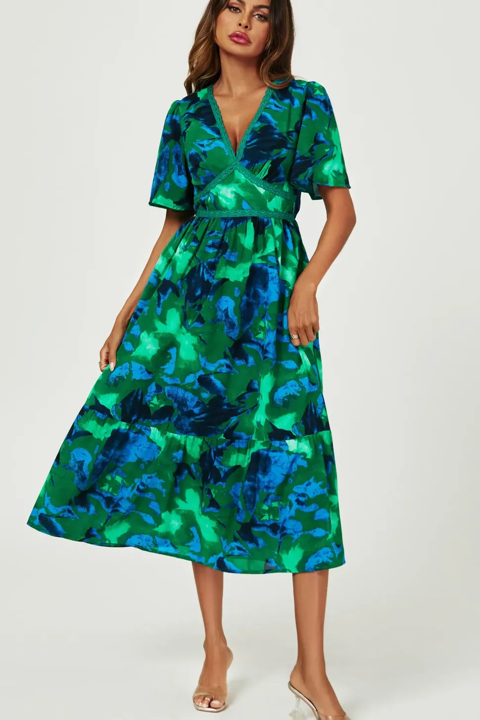 Abstract Floral Print Lace Detail Angel Sleeve Maxi Dress