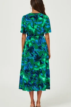 Abstract Floral Print Lace Detail Angel Sleeve Maxi Dress