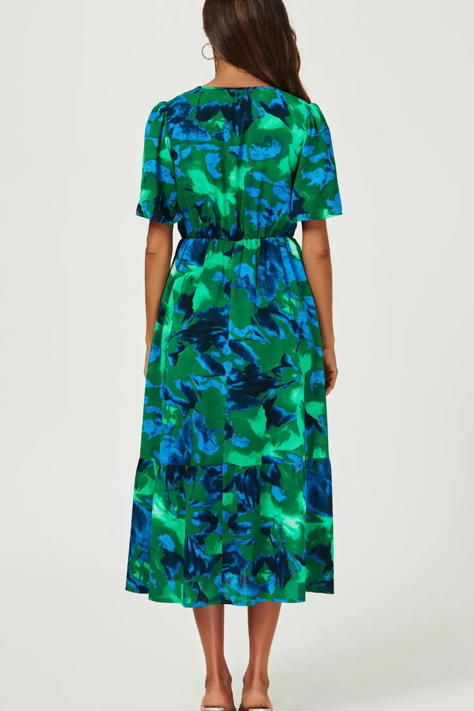 Abstract Floral Print Lace Detail Angel Sleeve Maxi Dress