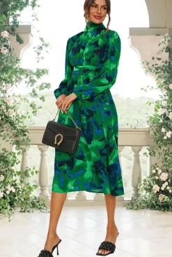 Abstract Floral Print Long Sleeve Midi Dress In Green