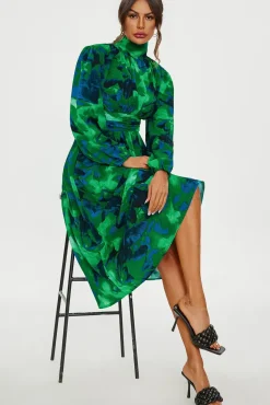 Abstract Floral Print Long Sleeve Midi Dress In Green