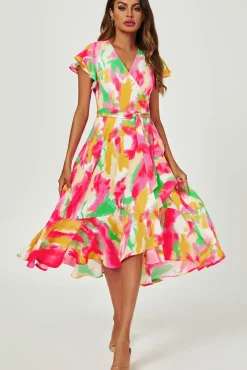 Abstract Floral Print Midi Wrap Dress In Pink