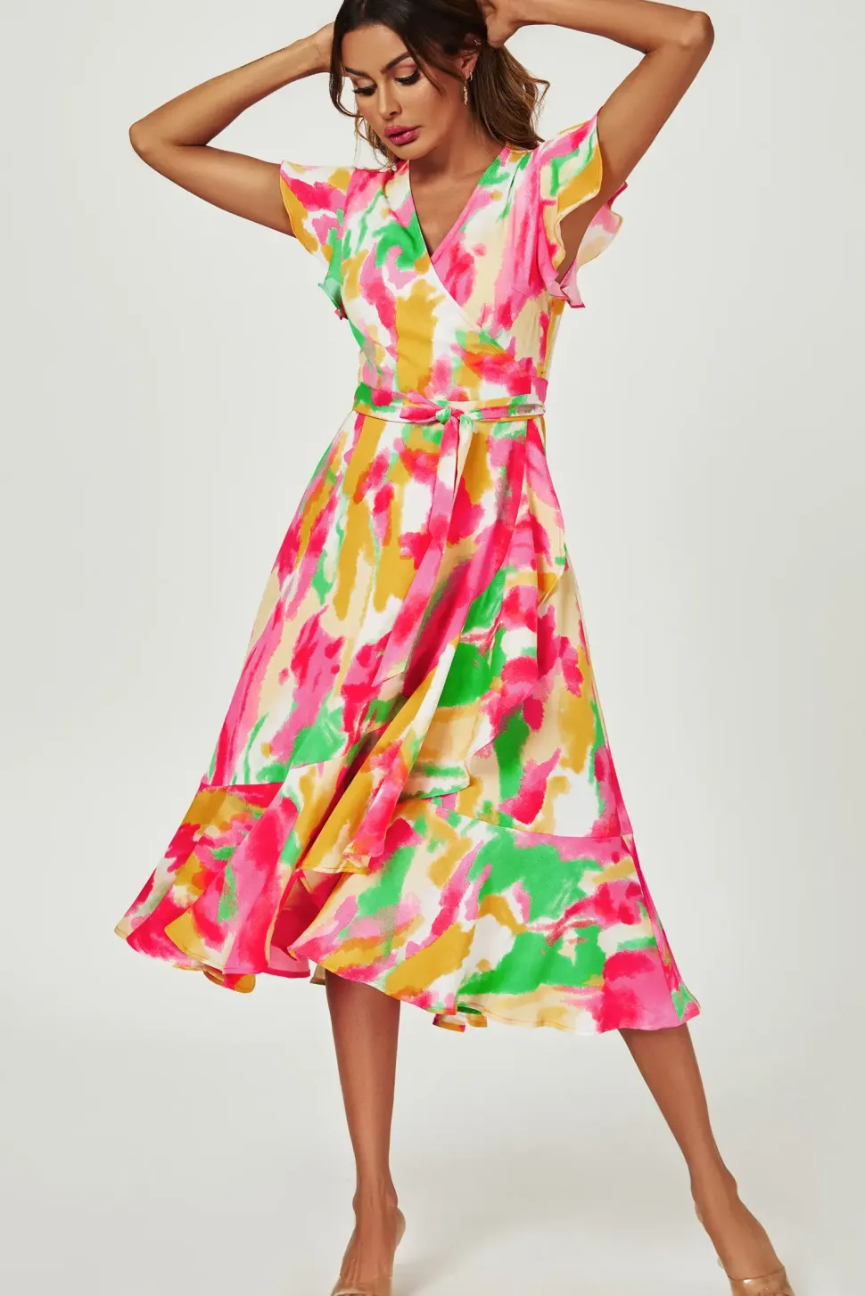 Abstract Floral Print Midi Wrap Dress In Pink