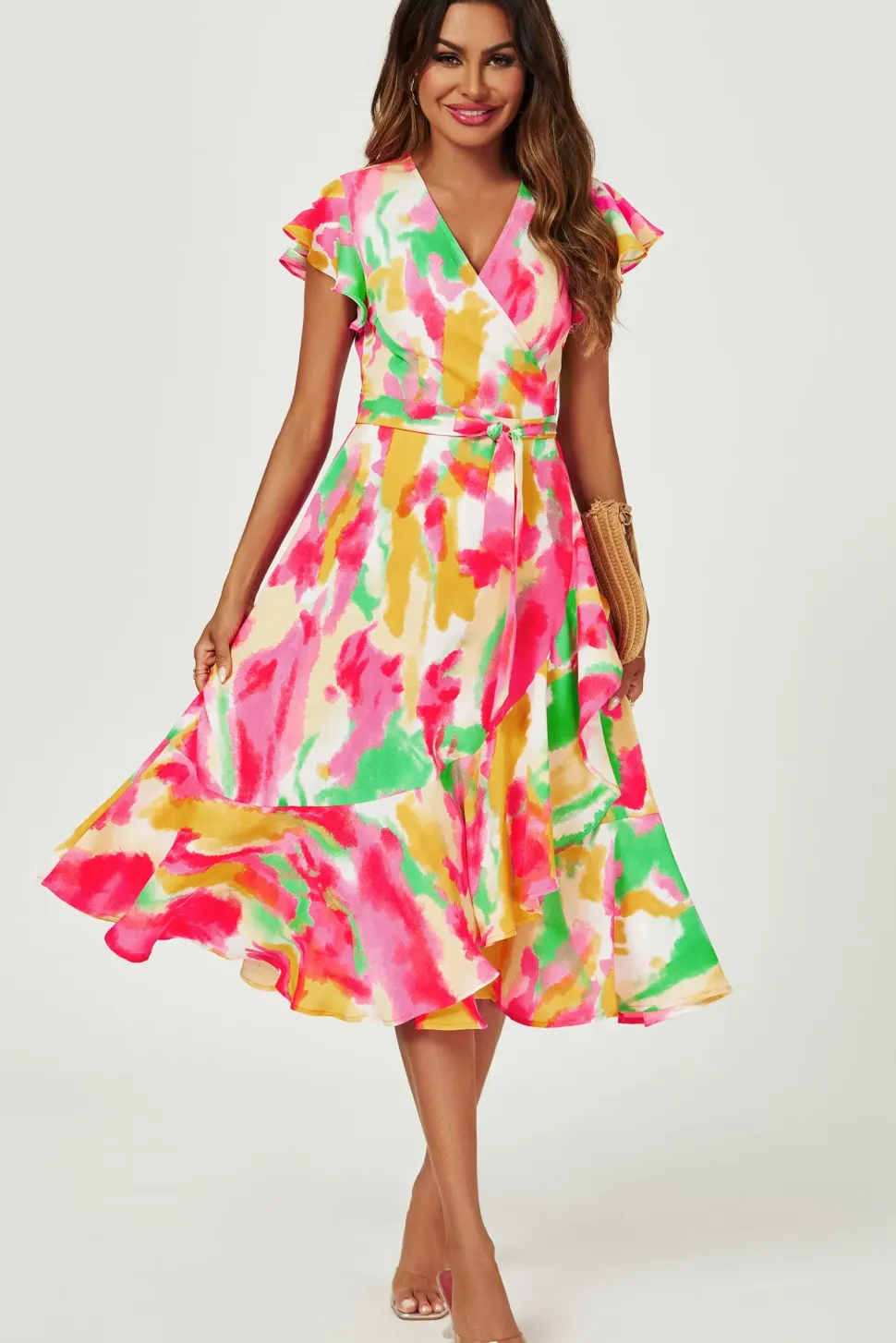 Abstract Floral Print Midi Wrap Dress In Pink