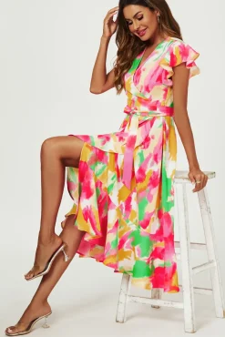 Abstract Floral Print Midi Wrap Dress In Pink