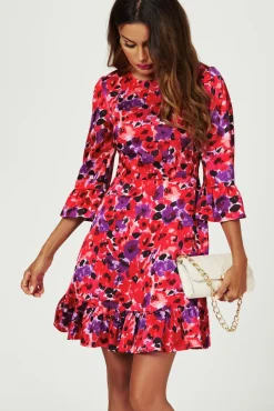 Abstract Floral Print Mini Dress In Red