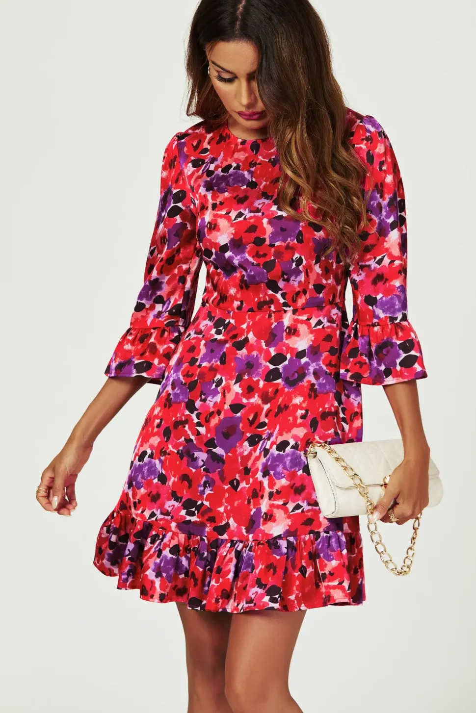 Abstract Floral Print Mini Dress In Red