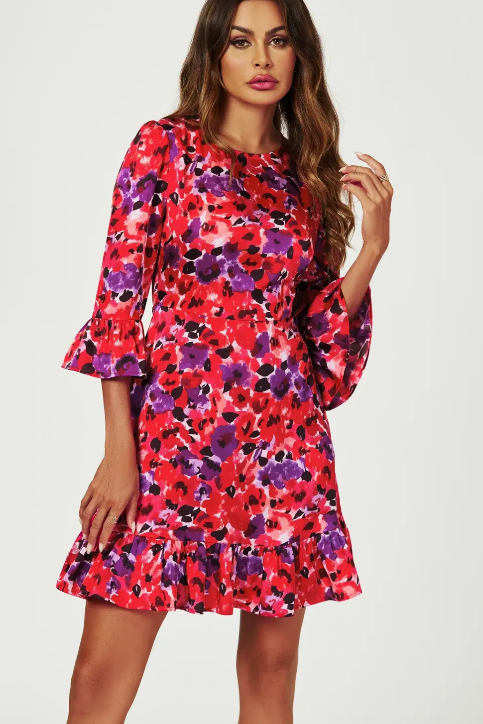 Abstract Floral Print Mini Dress In Red
