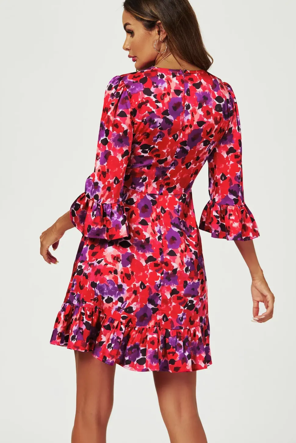 Abstract Floral Print Mini Dress In Red