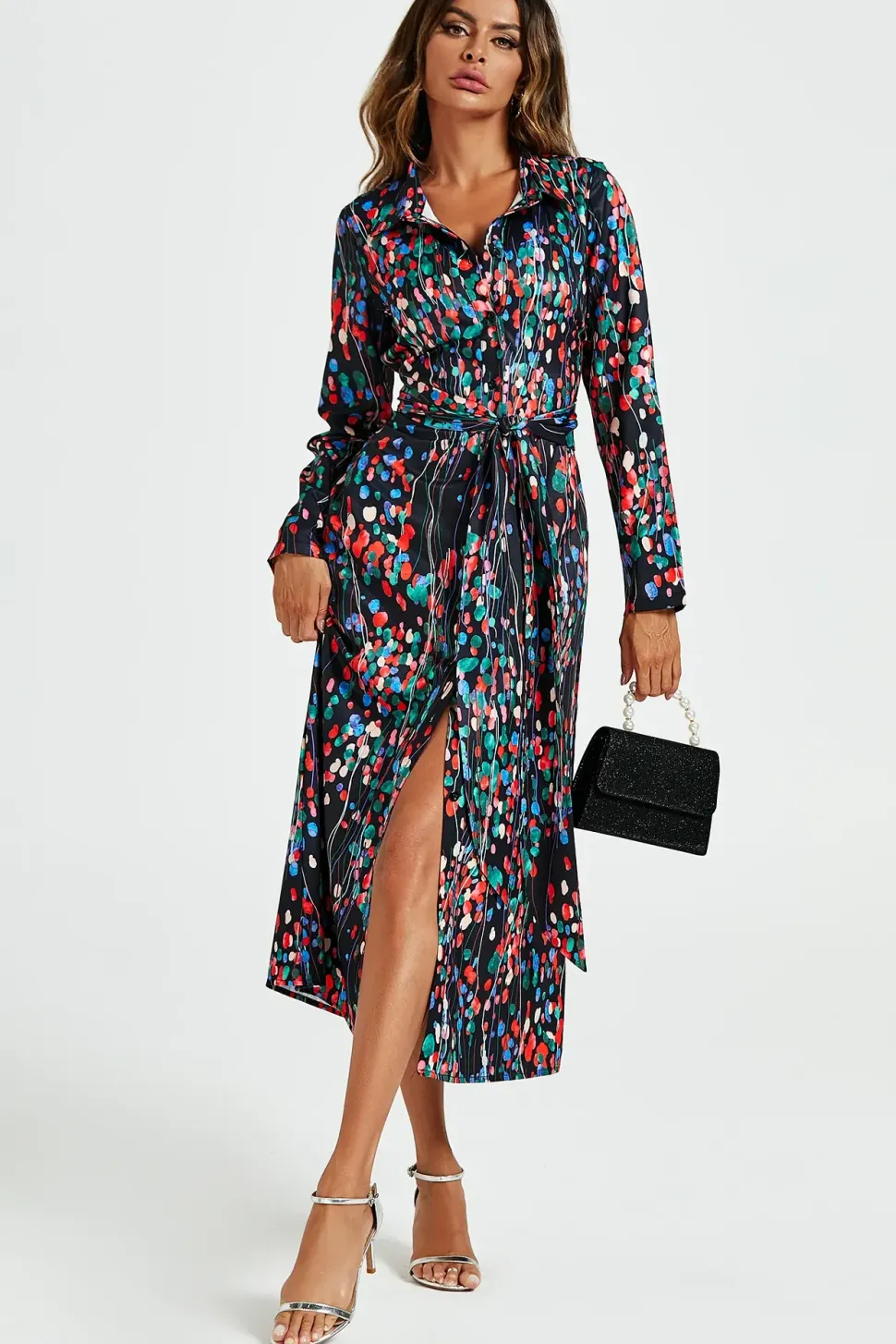 Abstract Floral Print Shirt Midi Wrap Dress In Black