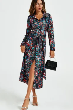 Abstract Floral Print Shirt Midi Wrap Dress In Black
