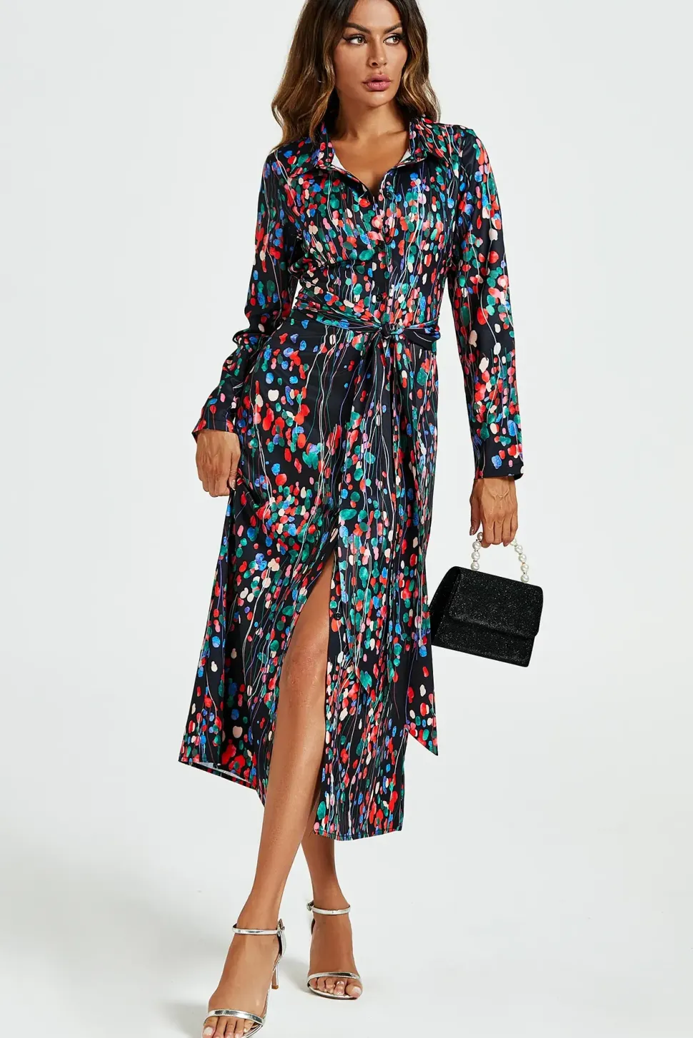Abstract Floral Print Shirt Midi Wrap Dress In Black