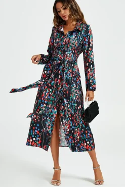 Abstract Floral Print Shirt Midi Wrap Dress In Black