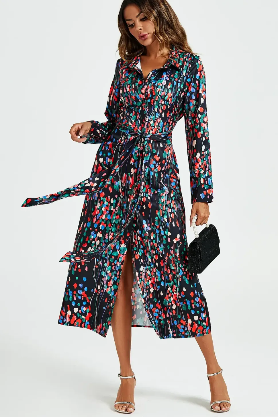 Abstract Floral Print Shirt Midi Wrap Dress In Black